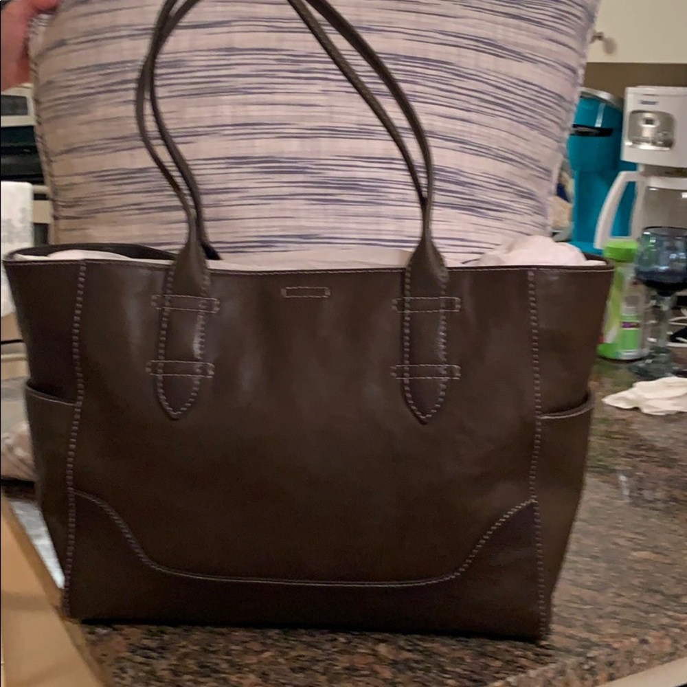 Frye dark olive green & white stitching tote bag